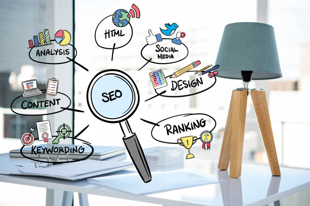 Conceptual illustration of SEO (Search Engine Optimization) elements like analysis, content, keywording, and ranking on a desk, highlighting marketing strategy for websites.