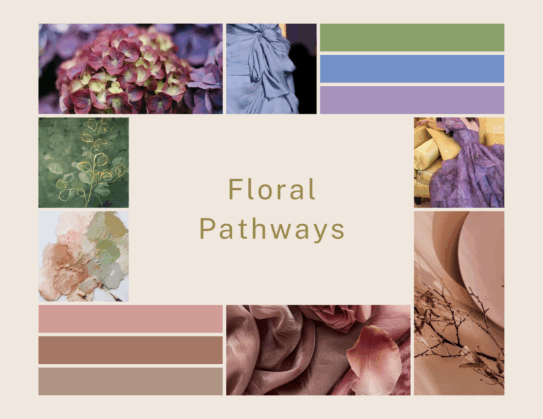Floral Pathways color palette mood board with Mocha Mousse, Rose Tan, and Willow colors, featuring floral and natural inspirations.