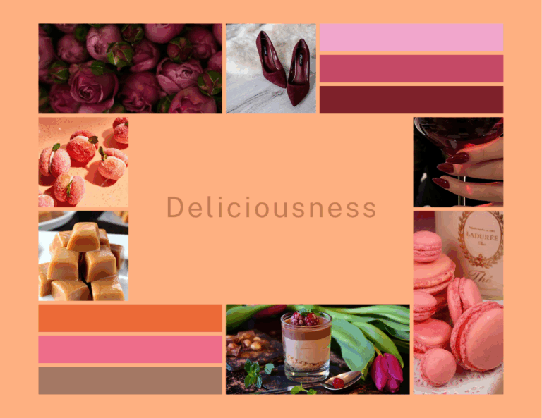 Deliciousness color palette mood board with Mocha Mousse, Bonbon, and Caramel colors, featuring mouth-watering and sweet inspirations.