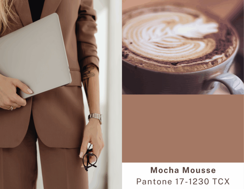Elegant woman holding a laptop, next to a cup of coffee and the Mocha Mousse Pantone color swatch.