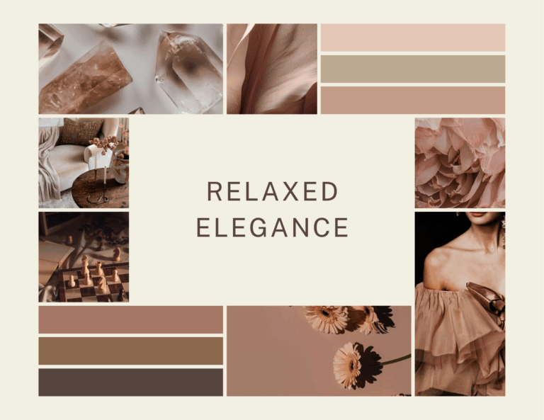 Relaxed Elegance color palette mood board with Mocha Mousse, Cannoli Cream, and Safari colors, featuring inspirational images.