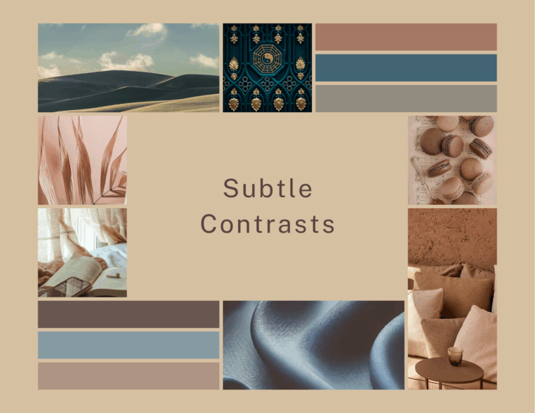 Subtle Contrasts color palette mood board with Mocha Mousse, Warm Taupe, and Tapestry colors, featuring fine contrasts and modern elegance.