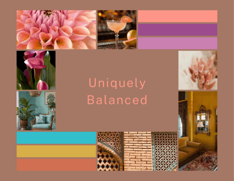 Uniquely Balanced color palette mood board with Mocha Mousse, Blue Curacao, and Spicy Mustard colors, featuring bold and unique inspirations.