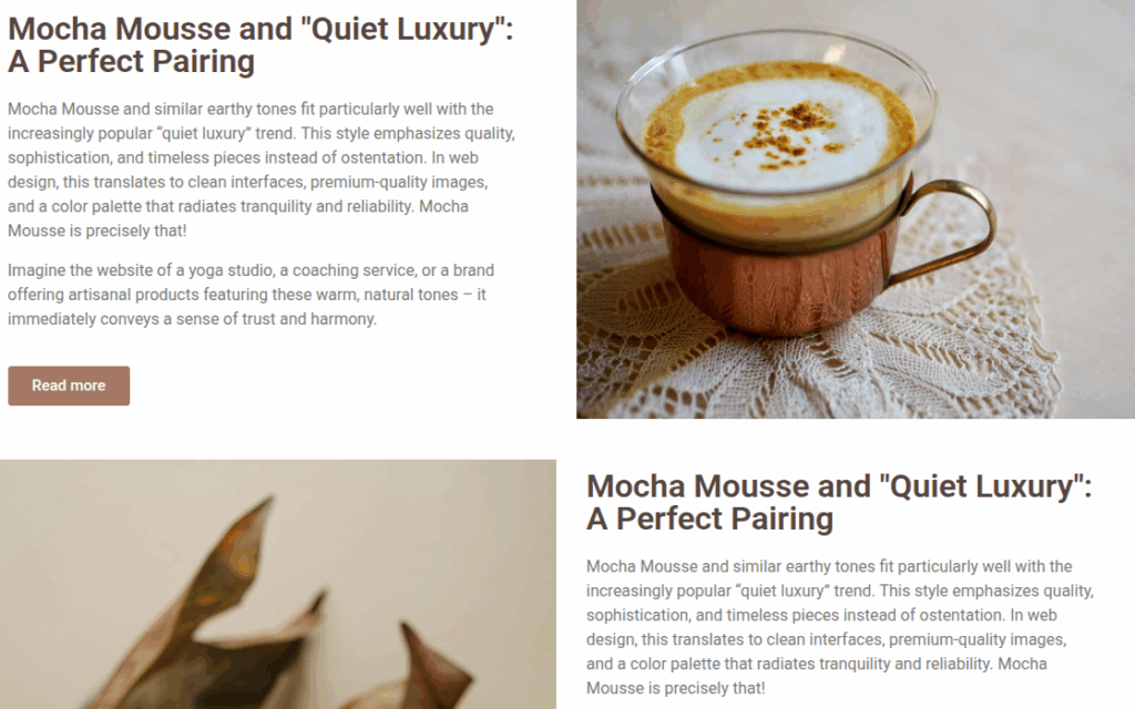Website design detail with an hourglass, showcasing Mocha Mousse color and 'quiet luxury' style.