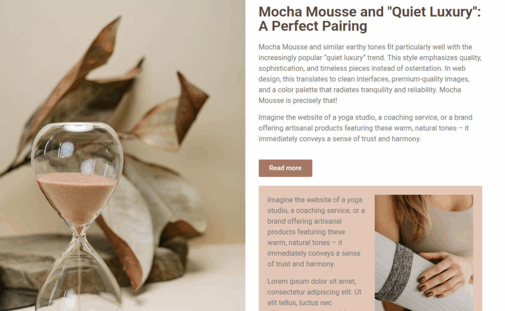 Wellness website design element with a yoga mat, illustrating the calming effect of Mocha Mousse color.