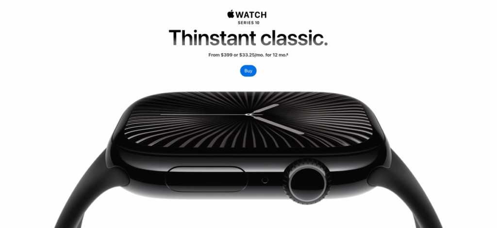 Hero section of the Apple Watch website with the tagline "Thinstant classic," showcasing a powerful visual and minimalist design.