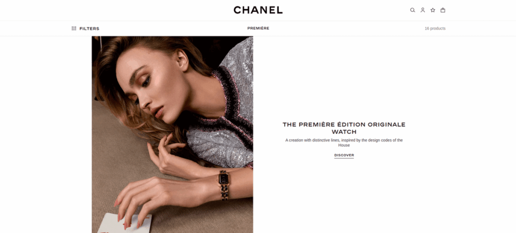 Screenshot of the Chanel website featuring the Première Édition Originale watch, showcasing a minimalist layout and the use of white space in luxury branding.