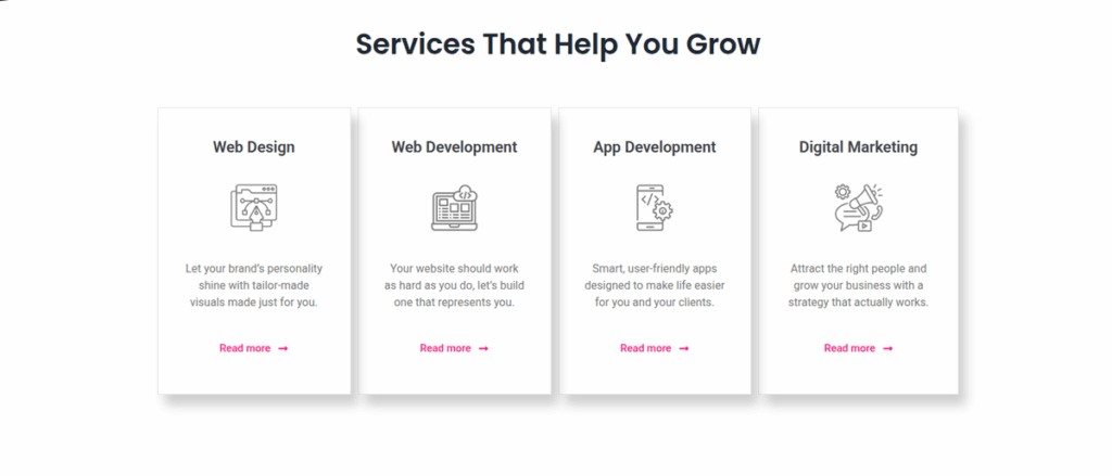 Service cards for Web Design, Web Development, App Development, and Digital Marketing, arranged in a clean grid layout on a website.