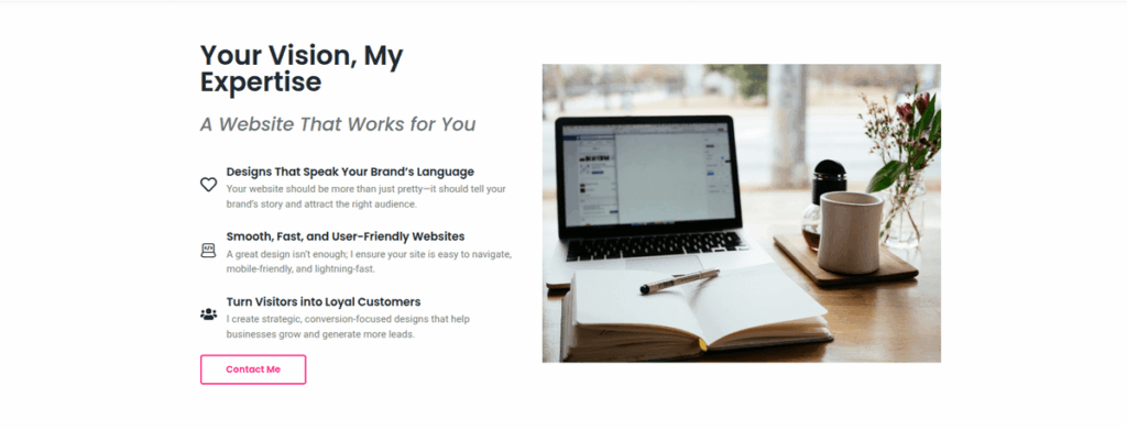 The "Your Vision, My Expertise" section from The BM Design website, highlighting web design and development services with a clean, trustworthy layout.